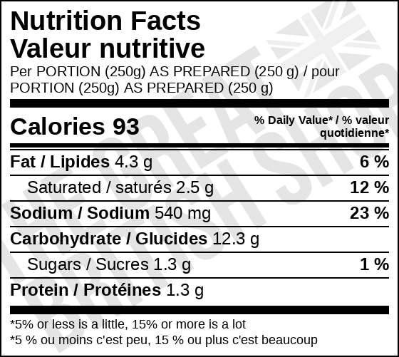 Batchelors Cup A Soup Chicken - 4 Pack nutrition facts label / valeur nutritive