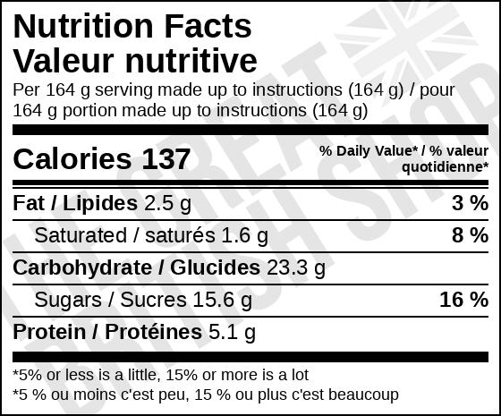 Birds Custard Powder - 300g nutrition facts label / valeur nutritive