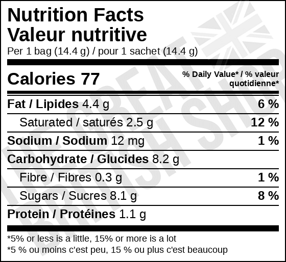 Cadbury Dairy Milk Buttons - 4 Pack nutrition facts label / valeur nutritive