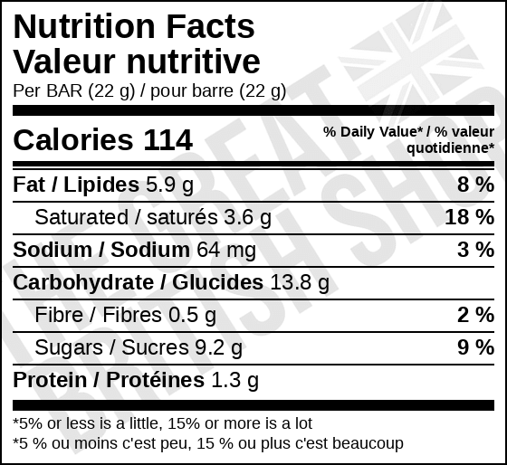 McVitie's Club Orange - 154g nutrition facts label / valeur nutritive