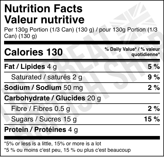 Ambrosia Chocolate Custard - 400g nutrition facts label / valeur nutritive