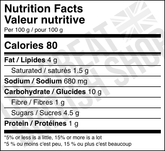 Chef Chip Shop Curry Sauce - 325g nutrition facts label / valeur nutritive