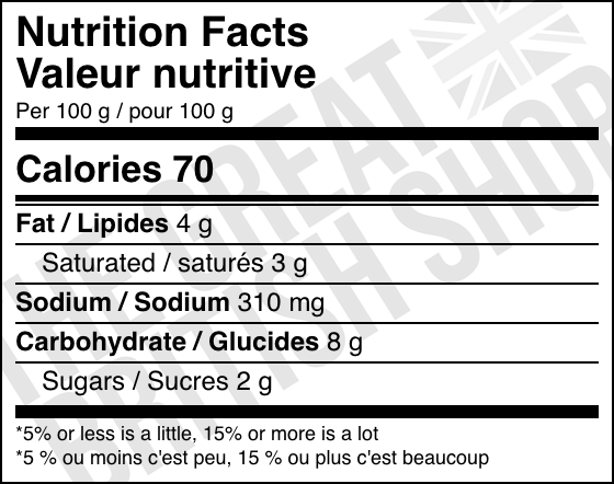 Goldenfry Chip Shop Curry Sauce - 160g nutrition facts label / valeur nutritive
