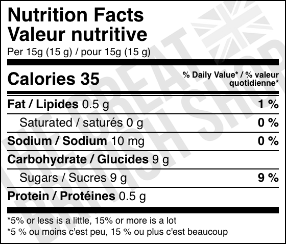 Hartley's Black Cherry Jam - 340g nutrition facts label / valeur nutritive