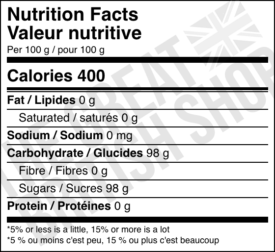 Simpkins Mulled Wine Travel Sweets - 200g nutrition facts label / valeur nutritive