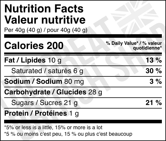Walker's Nonsuch Assorted Toffees & Chocolate Eclairs - 150g nutrition facts label / valeur nutritive