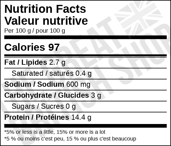 Parsons Pickled Mussels - 155g nutrition facts label / valeur nutritive