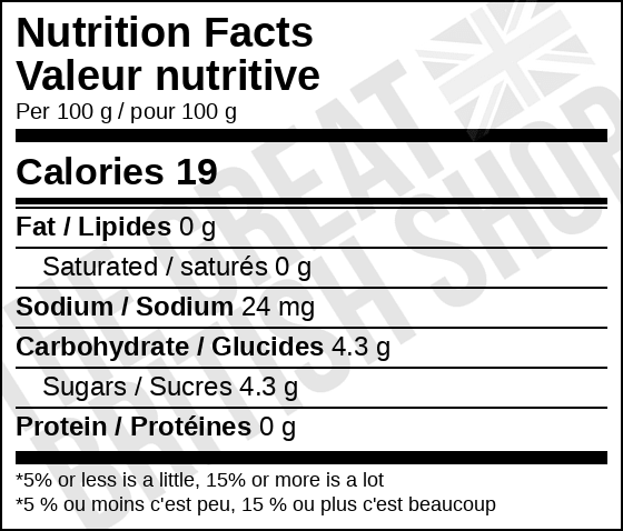 Tango Orange - 300ml nutrition facts label / valeur nutritive