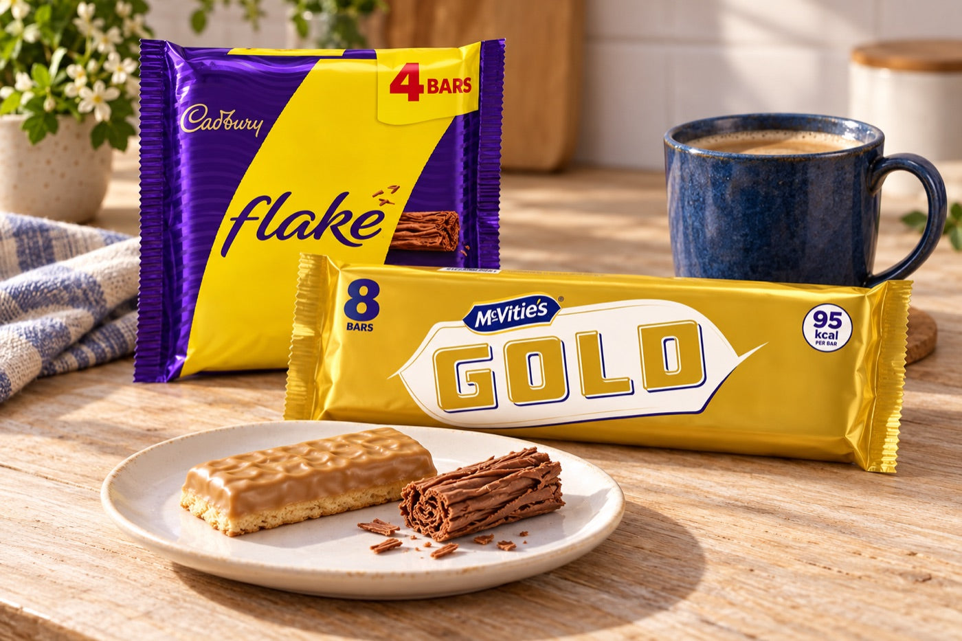 McVitie’s Gold and Cadbury Flake bring a chocolate-biscuit thread to Kelowna’s own choices, with soup and seasoning for the rest of the cupboard arranged as a styled kitchen scene