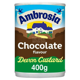 Ambrosia Chocolate Custard 400g: the tin showing a cottage scene on the label.