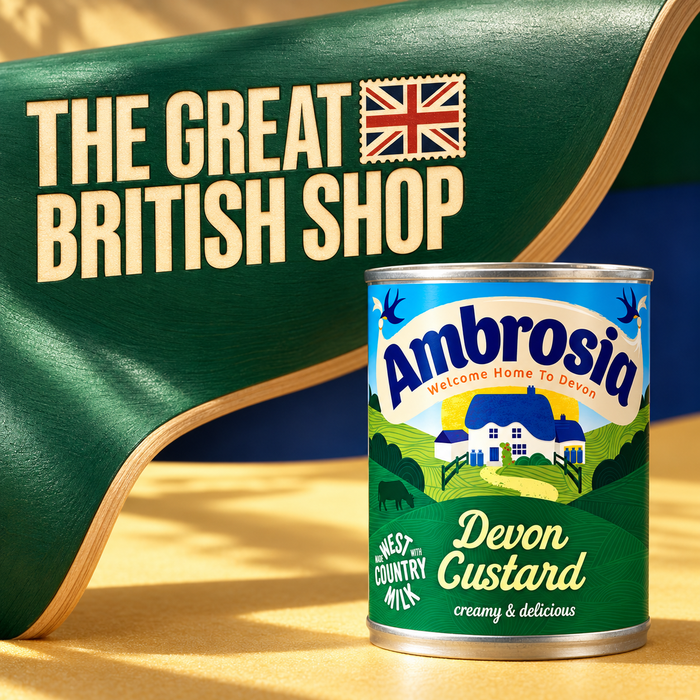 Ambrosia Devon Custard 400g tin beneath a sculptural emerald painted birch curve with integral ivory Great British Shop branding and a custard-gold ground.
