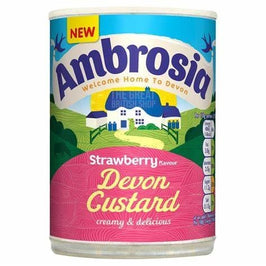 Ambrosia Devon Custard Strawberry 400g, the front of the tin with cottage design.