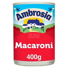 Ambrosia Macaroni Pudding 400g: the front of the tin with cottage logo design.