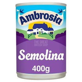 Ambrosia Semolina 400g: the front of the tin with cottage scene and purple label.
