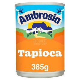 Ambrosia Tapioca 385g: the front of the tin, showing the cottage logo and orange label.