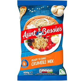 Aunt Bessie's Crumble Mix 400g: front of the pack showing a bowl of berry crumble with ice cream.