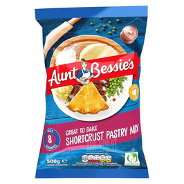 Aunt Bessie's Shortcrust Pastry Mix 500g - front of the pack showing a baked pie on a plate.