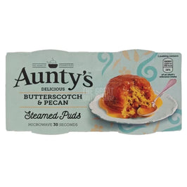 Aunty's Butterscotch & Pecan Pudding 200g: front of pack showing plated pudding with spoon.