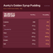 Aunty's Golden Syrup Pudding - 190g nutrition summary: Per 100 g and Per pudding. The Great British Shop.