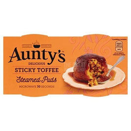 Aunty's Sticky Toffee Steamed Puds 190g: front of pack showing pudding on a plate with sauce.