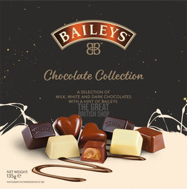 Baileys Chocolate Collection 135g: front of box showing an assortment of milk, white and dark chocolates.