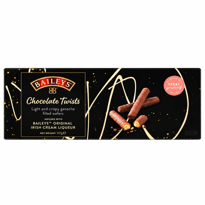 Baileys Chocolate Twists 107g, front-facing black and gold UK carton showing chocolate wafers