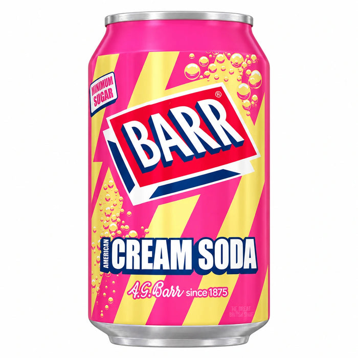 Barr American Cream Soda 330ml can, with pink and yellow stripes and the red, white and blue Barr logo.