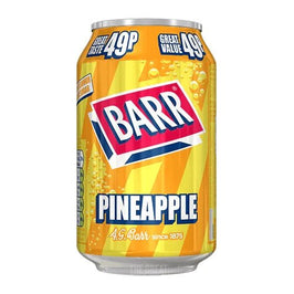 Barr Pineapple 330ml: the front of the can, yellow and orange striped design with logo.
