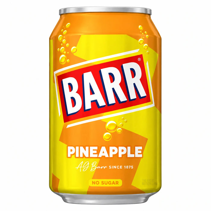 Barr Pineapple 330ml can, with a yellow and orange design and red BARR logo.