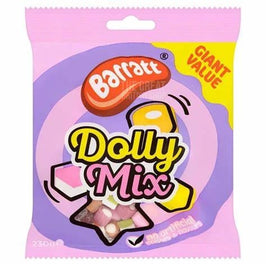 Barratt Dolly Mix 150g: front of the purple bag showing the sweets through the clear window.
