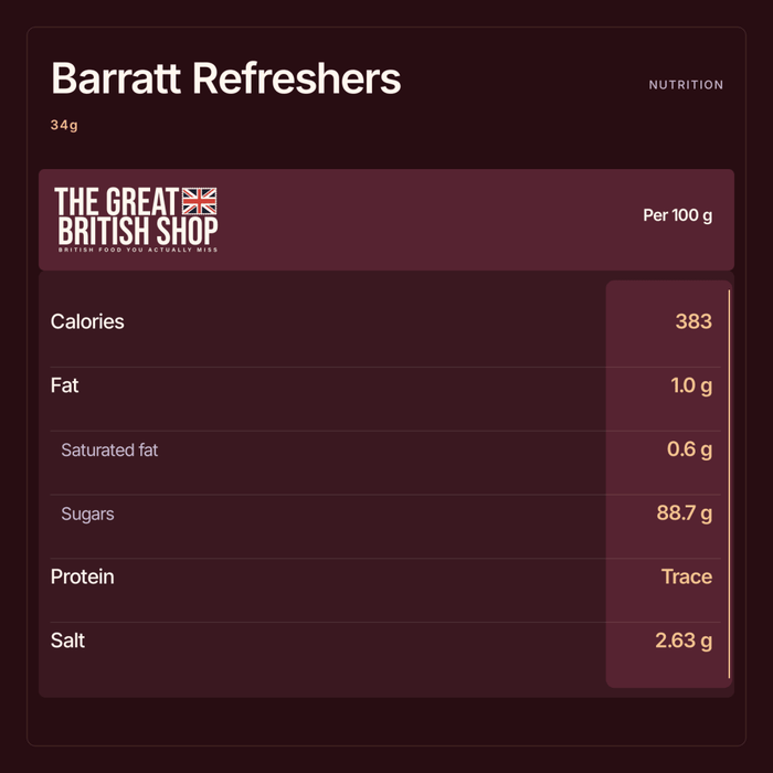 Barratt Refreshers - 34g imported British grocery product available in Canada