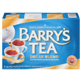 Barry's Tea Decaf Blend 80 Tea Bags 250g: front of the blue box showing teapot pouring tea.