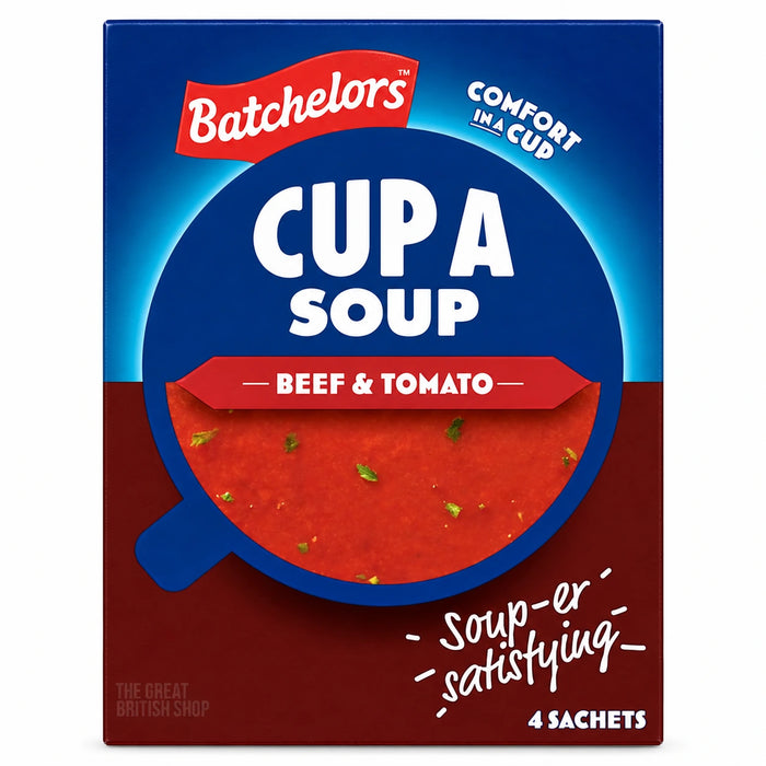 Batchelors Cup A Soup Beef & Tomato - 4 Pack, front view of the UK Batchelors carton