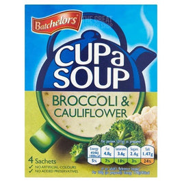 Batchelors Cup a Soup Broccoli & Cauliflower 4 Sachets, front of the box showing broccoli, cauliflower and nutrition table.