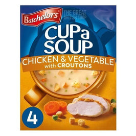 Batchelors Cup A Soup Chicken & Vegetable with Croutons 4 Pack: front of the box showing a bowl of soup.