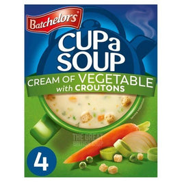 Batchelors Cup A Soup Cream Of Vegetable with Croutons 4 Pack: front of the box showing a bowl of soup and vegetables.