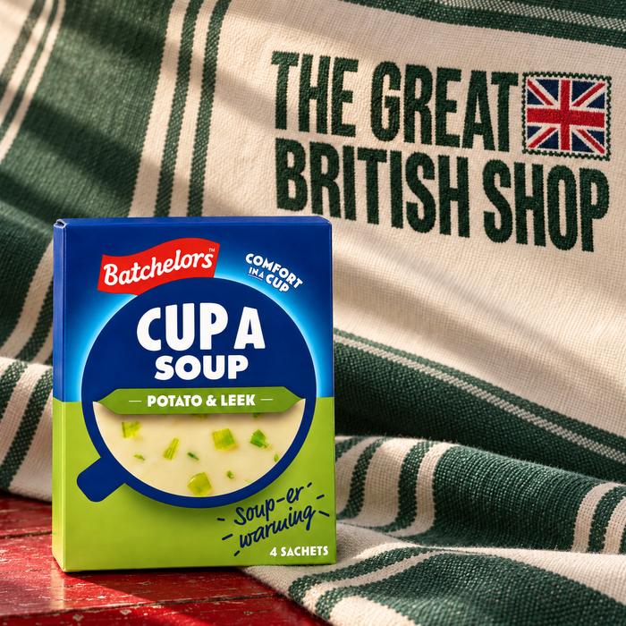 Batchelors Cup A Soup Potato & Leek, 4 sachets, on red painted wood with The Great British Shop woven into forest-green and ivory ticking cloth.