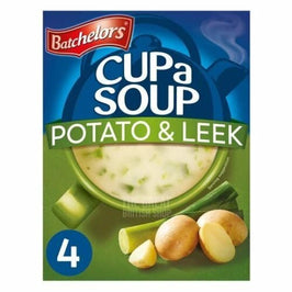 Batchelors Cup a Soup Potato & Leek 4 Pack: front of the box showing a filled soup cup, leek and potatoes.