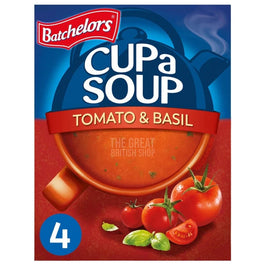 Batchelors Cup a Soup Tomato & Basil 4 Pack: front of the box showing a cup of soup, tomatoes and basil.