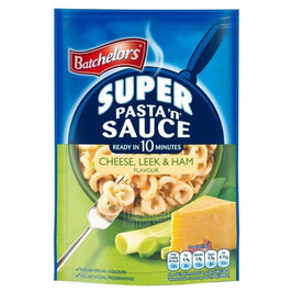 Batchelors Super Pasta 'n' Sauce Cheese, Leek & Ham 99g: front of the pack showing pasta, cheese and leek.