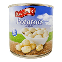 Batchelors Potatoes in Water 400g, tin showing a bowl of potatoes on a label with a blue sky.
