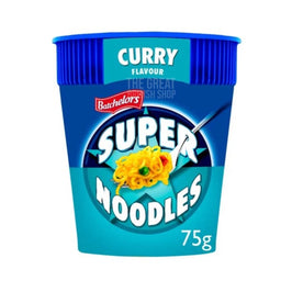 Batchelors Super Noodles Pot Curry 75g, front of the blue pot showing a forkful of noodles.