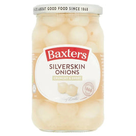 Baxters Crunchy & Sweet Silverskin Onions 440g: the glass jar showing whole onions in brine.