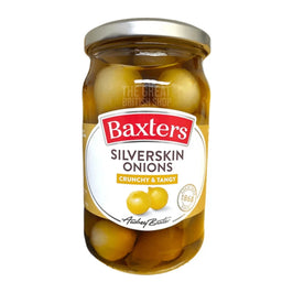 Baxters Silverskin Onions 440g jar showing onions in brine with front label.