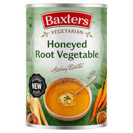 Baxters Vegetarian Honeyed Root Vegetable 400g, front of the tin showing the soup bowl.