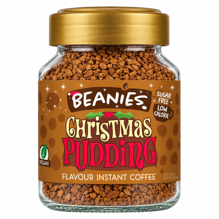 Beanies Christmas Pudding instant coffee 50g, glass jar with a gold lid and brown festive label.
