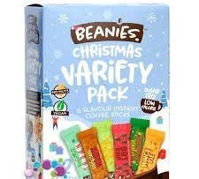 Beanies Christmas Variety Pack Flavoured Instant Coffee 20g: front of the box showing six coffee sticks