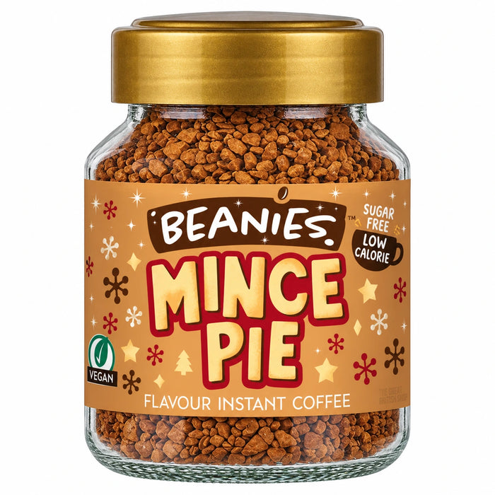 Beanies Mince Pie Flavour Instant Coffee 50g jar, with a gold lid and brown festive label.
