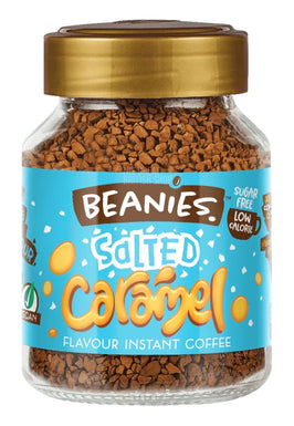 Beanies Salted Caramel Flavour Instant Coffee 50g: glass jar with gold lid and blue label.