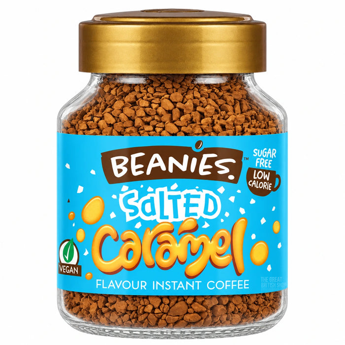 Beanies Salted Caramel instant coffee 50g, glass jar with a gold lid and blue caramel-themed label.